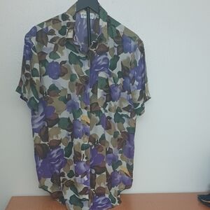 Men's Floral Button Down Shirt - Purple and Green Size M